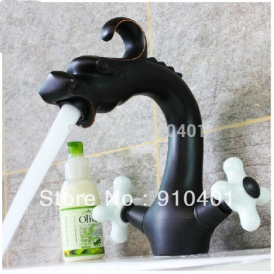Wholesale And Retail Promotion Luxury Oil Rubbed Bronze Bathroom Animal Dragon Faucet Dual White Handles Mixer [Oil Rubbed Bronze Faucet-3657|]