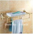 Wholesale And Retail Promotion Luxury Wall Mounted Golden Brass Towel Shelf Towel Rack Holder W/Towel Bra Hooks