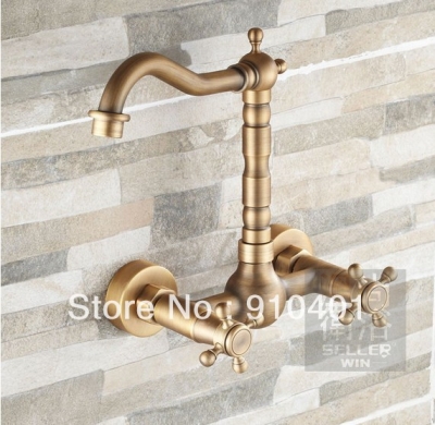 Wholesale And Retail Promotion NEW Antique Brass Wall Mount Bathroom Faucet Dual Handle Mixer Tap Swivel Spout [Antique Brass Faucet-301|]