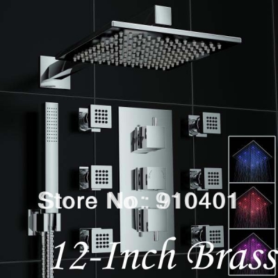 Wholesale And Retail Promotion NEW LED Thermostatic 12" Solid Brass Shower Faucet Set Jets Sprayer Hand Shower [LED Shower-3283|]