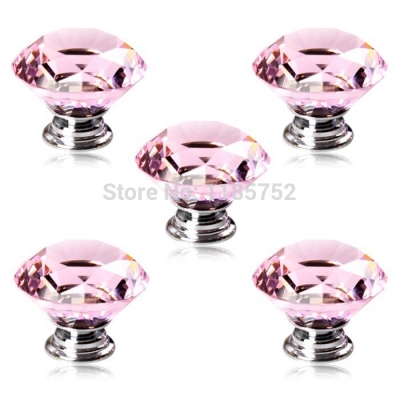 Diamond Shaped Pink Glass Crystal Cabinet Pull Drawer Handle Kitchen Door Knob Home Furniture Knob 10PCS Diameter 30mm [Knobs-102|]