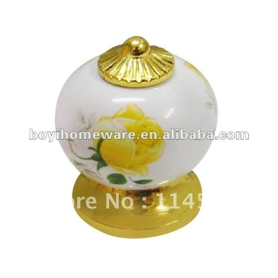 Luxury gold zinc alloy yellow rose ceramic knob wholesale and retail shipping discount 100pcs/lot AL03-BGP [SingleHoleKnobs-574|]