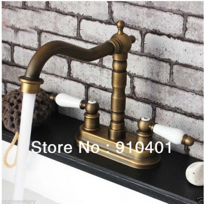 Wholesale And Retail Promotion NEW Deck Mounted Antique Brass Bathroom Basin Faucet Dual Handles Sink Mixer Tap [Antique Brass Faucet-402|]