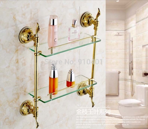 Wholesale And Retail Promotion Modern Ti-PVD Brass Embossed Art Bathroom Shelf Shower Cosmetic Dual Glass Tier