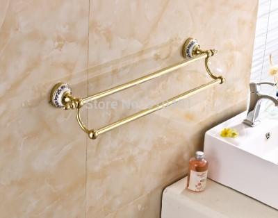 Wholesale And Retail Promotion Wall Mount Golden Brass Bathroom Towel Rack Holder Dual Towel Bars Ceramic Base [Towel bar ring shelf-5053|]