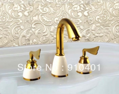 Wholesale And Retail Promotion NEW Golden Finish Solid Brass Bathroom Basin Faucet Dual Handles Sink Mixer Tap [Golden Faucet-2746|]