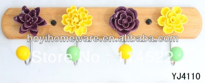 new design wood four hooks with colored ceramic flowers and knobs ball coat rack clothes hanger towel hook wholesale YJ4110 [Hooks-268|]