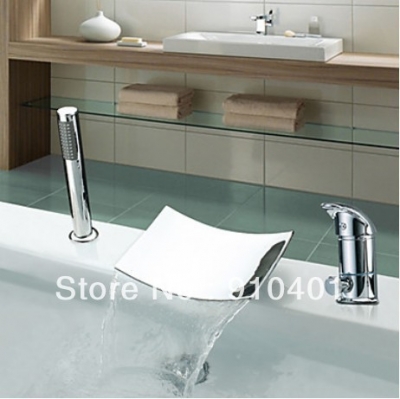 Modern Polished Waterfall Bathroom Tub FauceT W/Hand Sprayer Deck Mounted Mixer [3 PCS Tub Faucet-17|]