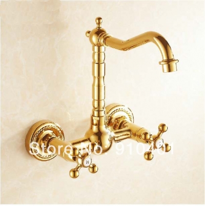 Wholesale And Retail Promotion Golden Brass Wall Mounted Bathroom Kitchen Faucet Tall Swivel Spout Sink Mixer [Golden Faucet-2762|]