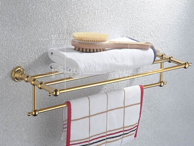 Wholesale And Retail Promotion Modern Golden Brass Towel Rack Holder Bathroom Shelf With Towel Bar Wall Mounted [Towel bar ring shelf-5089|]