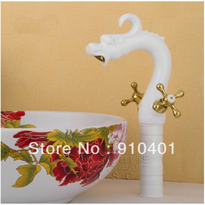 Wholesale And Retail Promotion White Painting Solid Brass Bathroom Dragon Faucet Dual Handles Vanity Mixer Tap [Chrome Faucet-1277|]