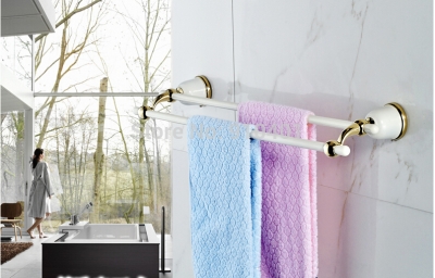 Wholesale And Retail Promotion Elegant Wall Mounted Golden Brass White Paiting Towel Rack Holder Dual Towel Bar [Towel bar ring shelf-5135|]