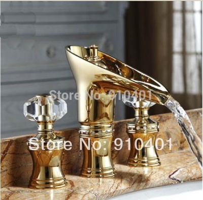 Wholesale And Retail Promotion Modern Luxury Golden Brass Waterfall Bathroom Faucet Dual Handles Sink Mixer Tap [Golden Faucet-2865|]