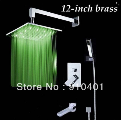 Wholesale And Retail Promotion Polished Chrome LED Colors 12" Solid Brass Rainfall Shower Faucet Tub Mixer Tap [LED Shower-3273|]