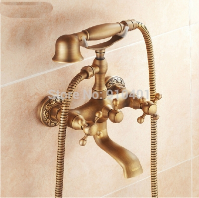 Wholesale And Retail Promotion Antique Brass Wall Mounted Bathroom Tub Faucet Dual Cross Handle Sink Mixer Tap [Wall Mounted Faucet-5178|]
