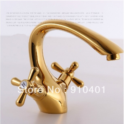 Wholesale And Retail Promotion NEW Roman Style Bathroom Golden Faucet Dual Cross Handles Vanity Sink Mixer Tap [Golden Faucet-2844|]