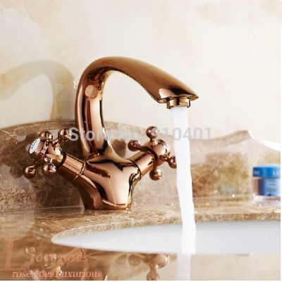 Wholesale And Retail Promotion Deck Mounted Rose Golden Bathroom Basin Faucet Dual Cross Handles Sink Mixer Tap [Golden Faucet-2776|]