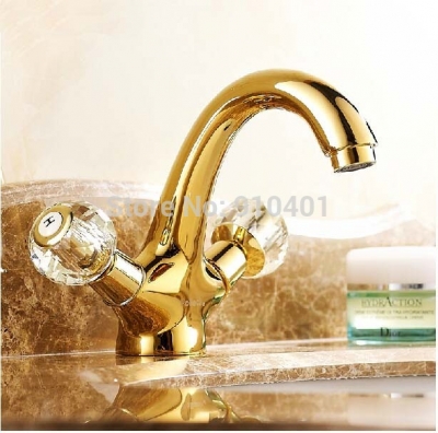 Wholesale And Retail Promotion NEW Golden Plate Deck Mounted Bathroom Basin Faucet Dual Handle Sink Mixer Tap [Golden Faucet-2791|]