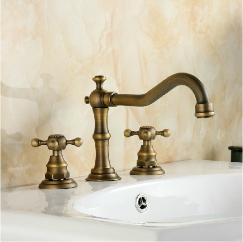 Wholesale And Retail Promotion Antique Brass Widespread Bathroom Basin Faucet Dual Cross Handles Sink Mixer Tap