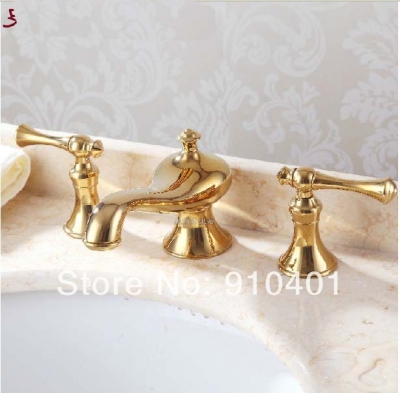 Wholesale And Retail Promotion NEW Golden Brass Bathroom Deck Mounted Luxury Faucet Dual Handles Sink Mixer Tap [Golden Faucet-2866|]
