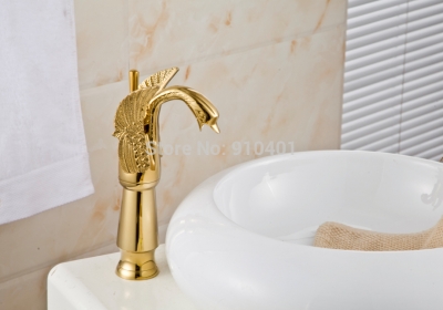 Wholesale And Retail Promotion Tall Golden Brass Bathroom Swan Faucet Single Handle Hole Vanity Sink Mixer Tap [Golden Faucet-2869|]