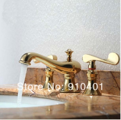 Wholesale And Retail Promotion Luxury Widespread Golden Brass Bathroom Basin Faucet Dual Handles Sink Mixer Tap [Golden Faucet-2864|]