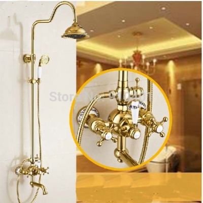Wholesale And Retail Promotion Elegant Golden Brass Bathroom Rain Shower Faucet Set Tub Mixer Tap Hand Shower [Golden Shower-2966|]