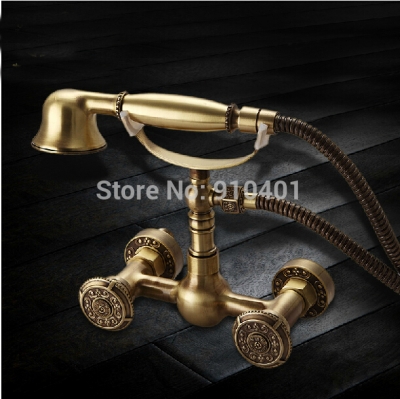 Wholesale And Retail Promotion Wall Mounted Antique Brass Batrhoom Tub Faucet Dual Round Handle W/ Hand Shower [Wall Mounted Faucet-5232|]