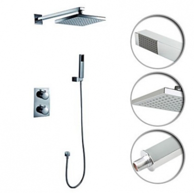 Chrome Luxury Bathroom Thermostatic Rainfall Shower Set Faucet Square 8"Shower Head W/ Handheld Shower [Chrome Shower-2577|]