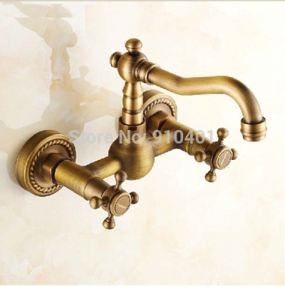Wholesale And Retail Promotion Antique Brass Wall Mounted Bathroom Sink Faucet Swivel Spout Dual Handles Mixer [Antique Brass Faucet-435|]