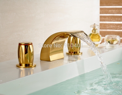 Wholesale And Retail Promotion Golden Brass Widespread Bathroom Basin Faucet Dual Handles Vanity Sink Mixer Tap [Golden Faucet-2783|]