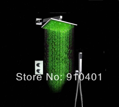 Wholesale And Retail Promotion NEW Chrome Brass LED Square 12" Shower Head + Thermostatic Valve + Hand Shower