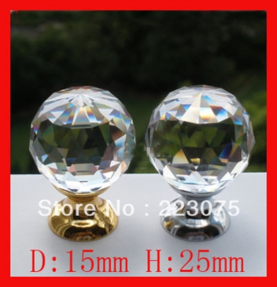 -10pcs 15mm K9 Crystal Glass+ copper base Pull Handle Cabinet Drawer Door Knobs golden&silver color [CrystalHandles-138|]