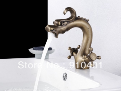 Luxury Euro Style Classic Antique Brass Dragon Animal Basin Faucet Mixer Tap Double Cross Head Handles