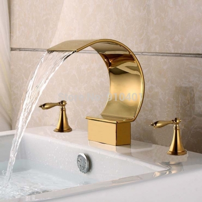 US Wholesale And Retail Promotion Modern Deck Mounted Waterfall Bathroom Faucet Dual Handles Vanity Mixer Tap [Golden Faucet-2879|]