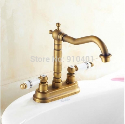Wholesale And Retail Promotion Antique Brass Deck Mounted 4" Bathroom Basin Faucet Dual Ceramic Handles Mixer [Antique Brass Faucet-327|]