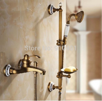 Wholesale And Retail Promotion Ceramic Antique Brass Bathroom Tub Faucet Sliding Bar Hand Shower W/ Soap Dish [Wall Mounted Faucet-5177|]