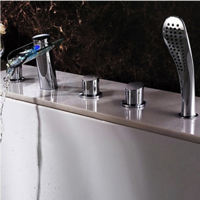 Wholesale And Retail Promotion Chrome Brass LED Color Deck Mounted Bathroom Tub Waterfall Faucet 5PCS Mixer Tap [5 PCS Tub Faucet-179|]