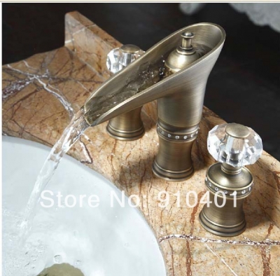 Wholesale And Retail Promotion Deck Mounted Antique Brass Waterfall Bathroom Faucet Dual Handles Sink Mixer Tap [Antique Brass Faucet-416|]