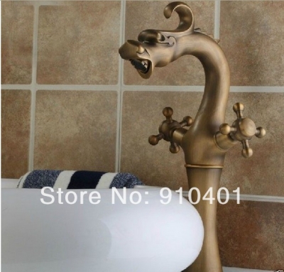 Wholesale And Retail Promotion NEW Antique Brass Dragon Faucet Dual Handle Vanity Sink Mixer Tap Deck Mounted [Antique Brass Faucet-413|]