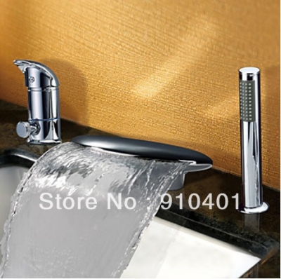 Luxury 3pcs Chrome Bathtub Faucet Waterfall Deck Mounted Mixer Tap With Shower Sprayer [3 PCS Tub Faucet-45|]