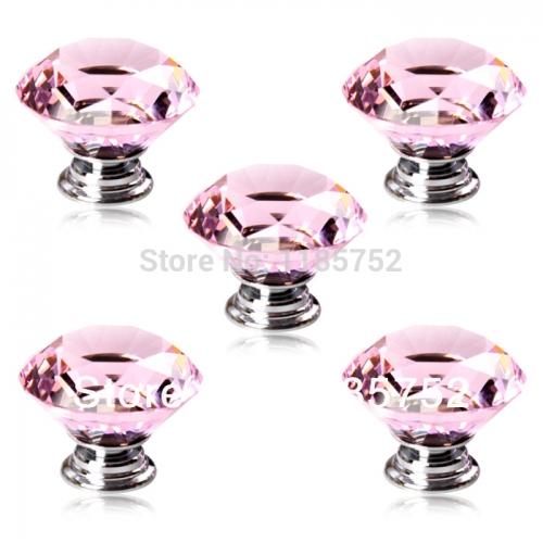 Luxury 5pcs/lot 30mm Pink Acrylic Diamond Shaped Door Pulls Drawer Cabinet Wardrobe Knobs Cupboard Handles Free Shipping