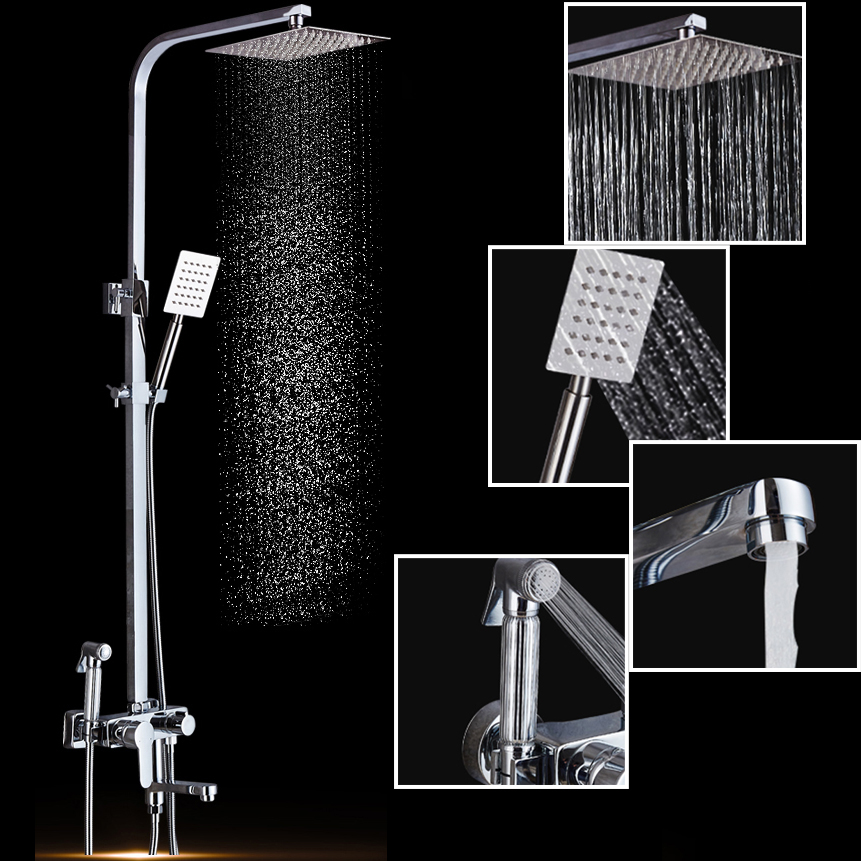 2016 chrome stainless steel shower faucet set single handle bathtub & shower mixer set + handshower +sprayer head+tub filler