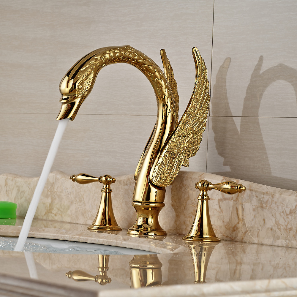 2016 new design luxury copper and cold taps swan faucet gold plated wash basin faucet mixer taps