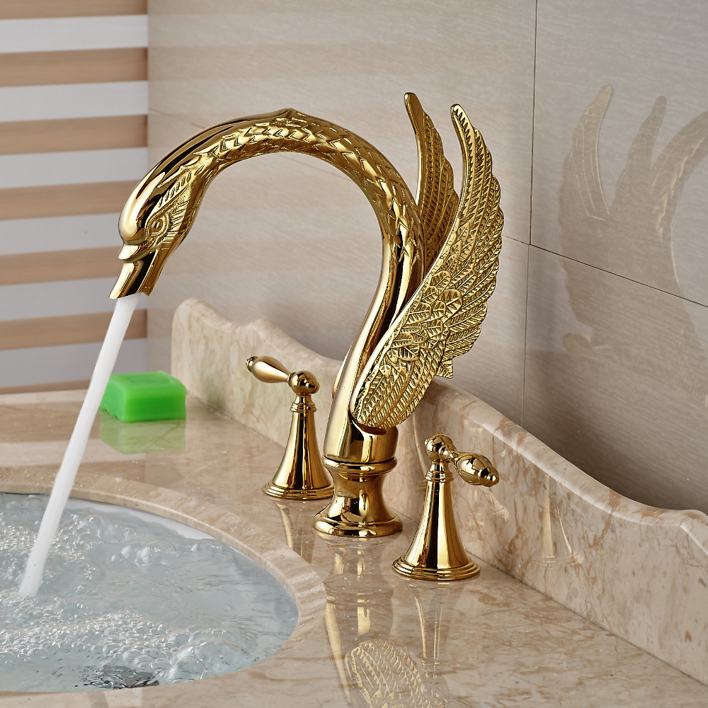 2016 new design luxury copper and cold taps swan faucet gold plated wash basin faucet mixer taps