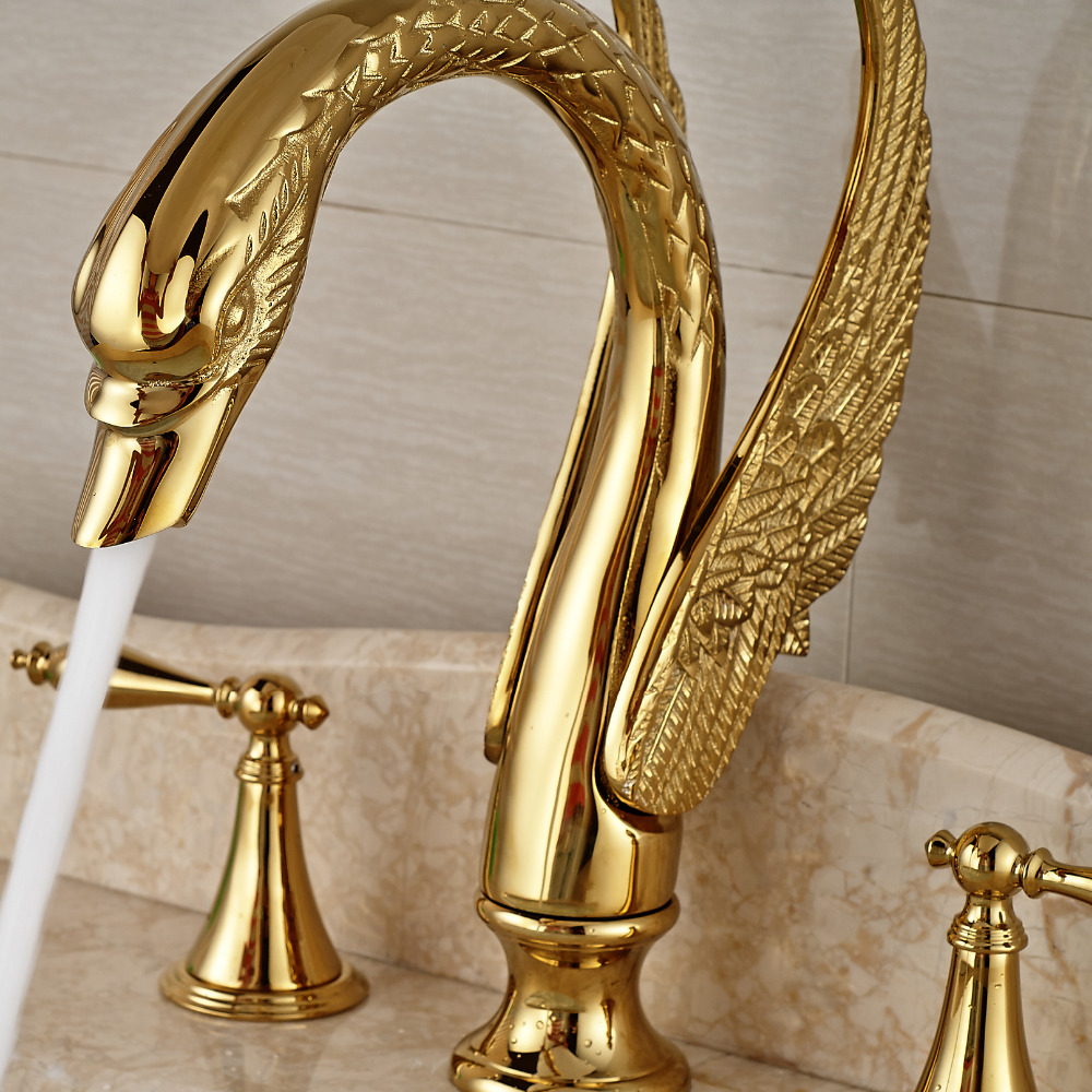 2016 new design luxury copper and cold taps swan faucet gold plated wash basin faucet mixer taps