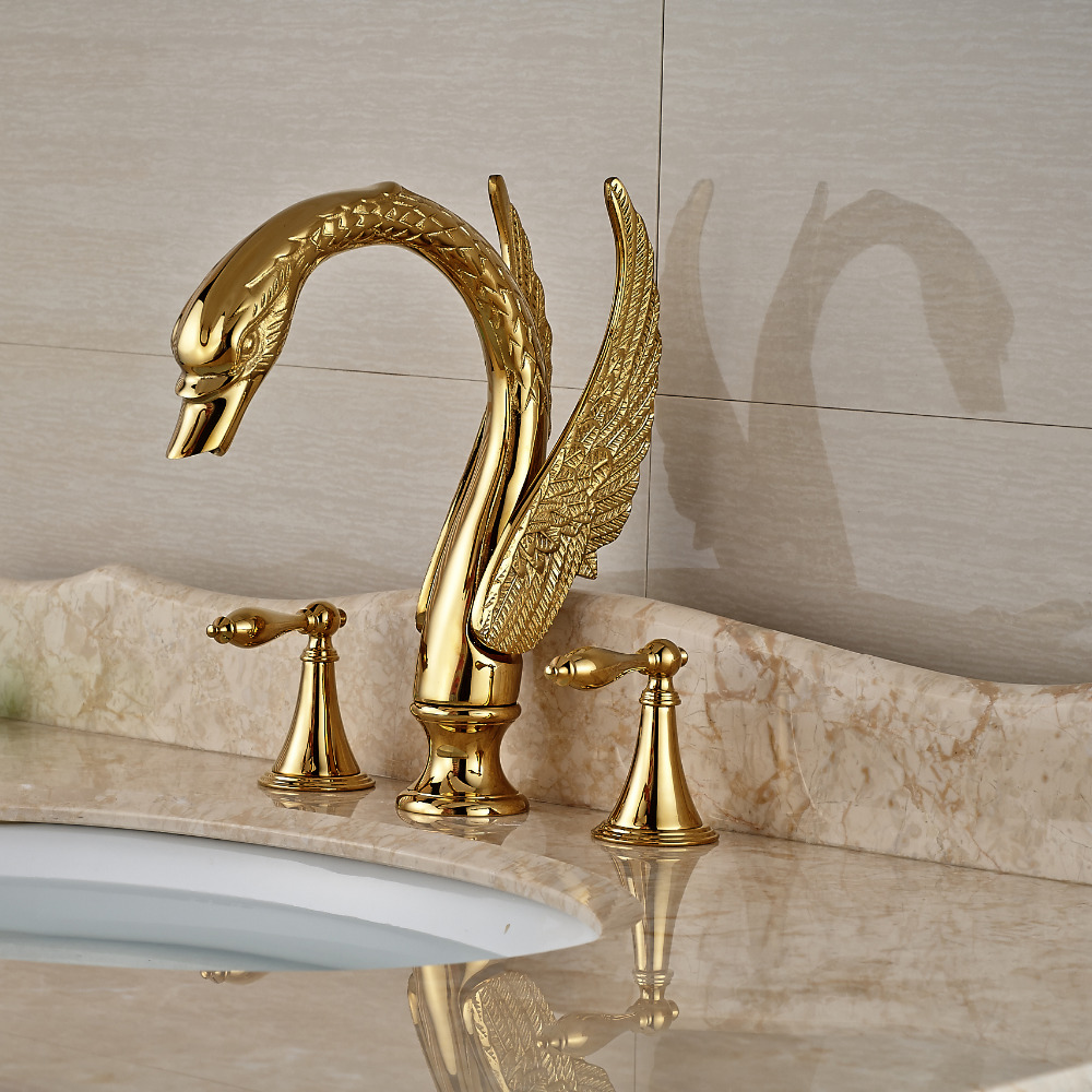 2016 new design luxury copper and cold taps swan faucet gold plated wash basin faucet mixer taps