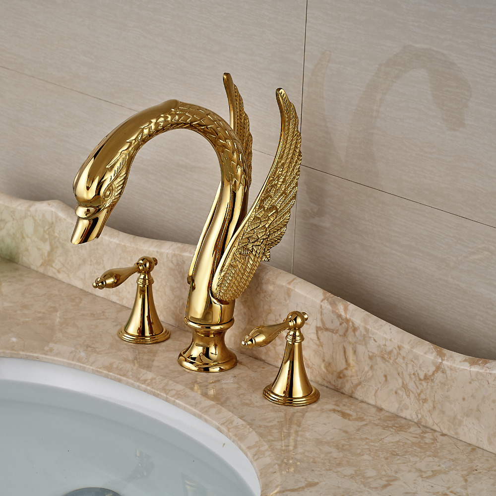 2016 new design luxury copper and cold taps swan faucet gold plated wash basin faucet mixer taps