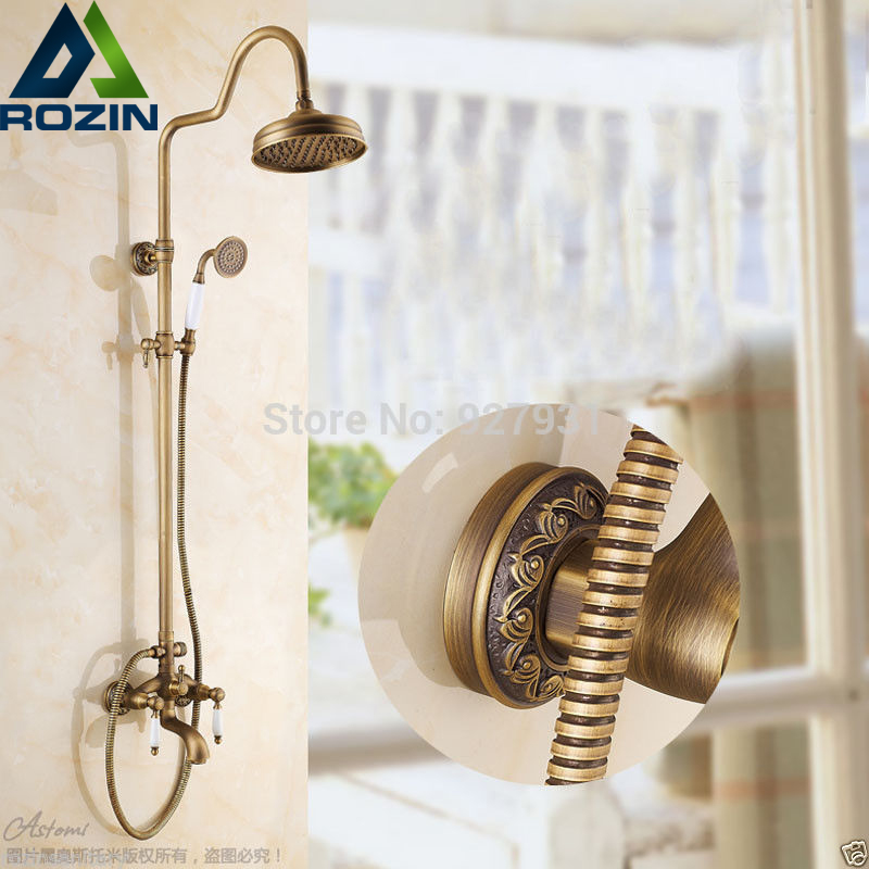 antique brass 8" rainfall bathroom shower faucet set wall mounted bath shower mixer set dual handle with handshower