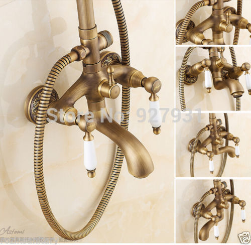 antique brass 8" rainfall bathroom shower faucet set wall mounted bath shower mixer set dual handle with handshower